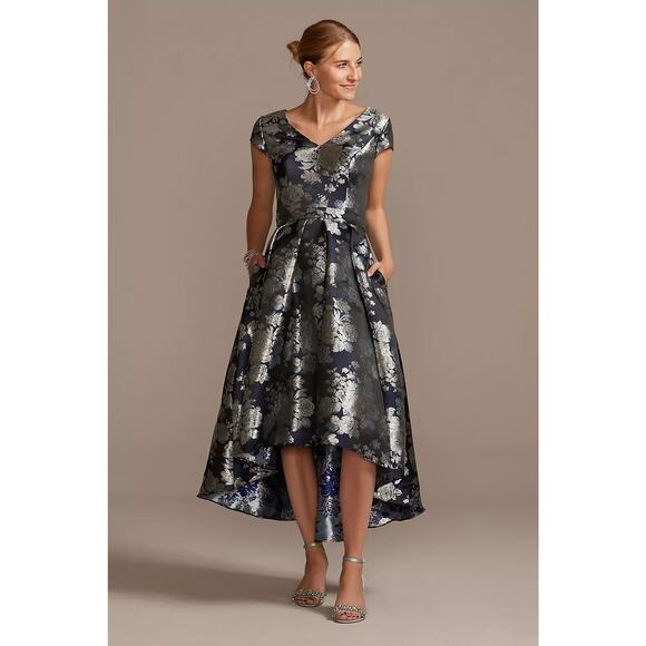 Oleg Cassini A-Line Dress Womens Size 4 Navy Floral Brocade High Low Cap Sleeve - Picture 1 of 11